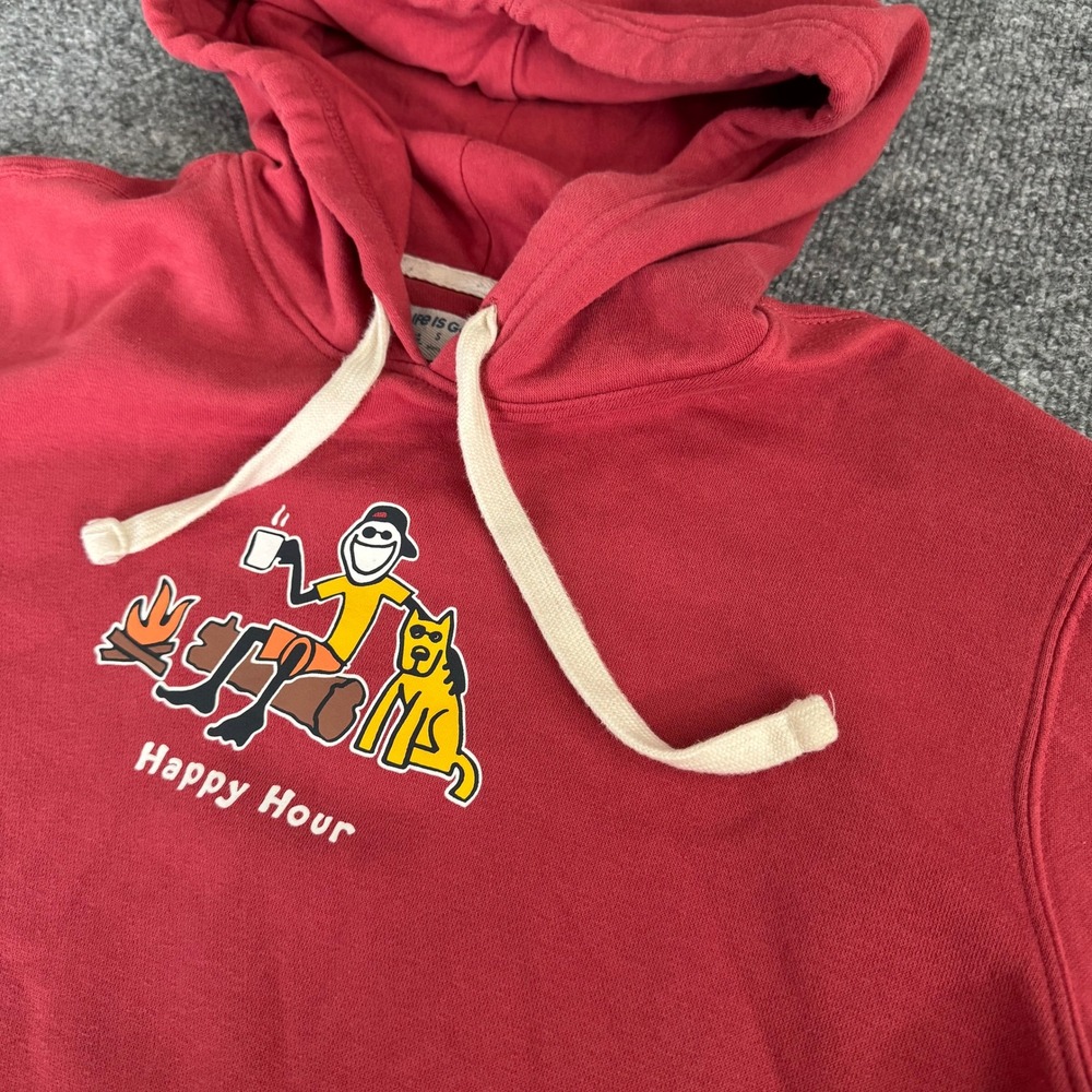 Life is Good Hoodie Mens Small Happy Hour Campfire Graphic Cotton Blend Red